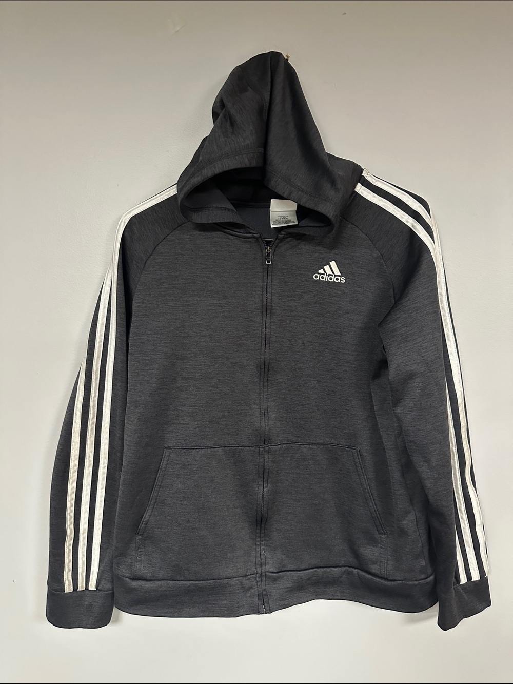 Adidas Kid's Full Zip Hoodie, Charcoal & White, track, Outdoor, Sports L (14/16)